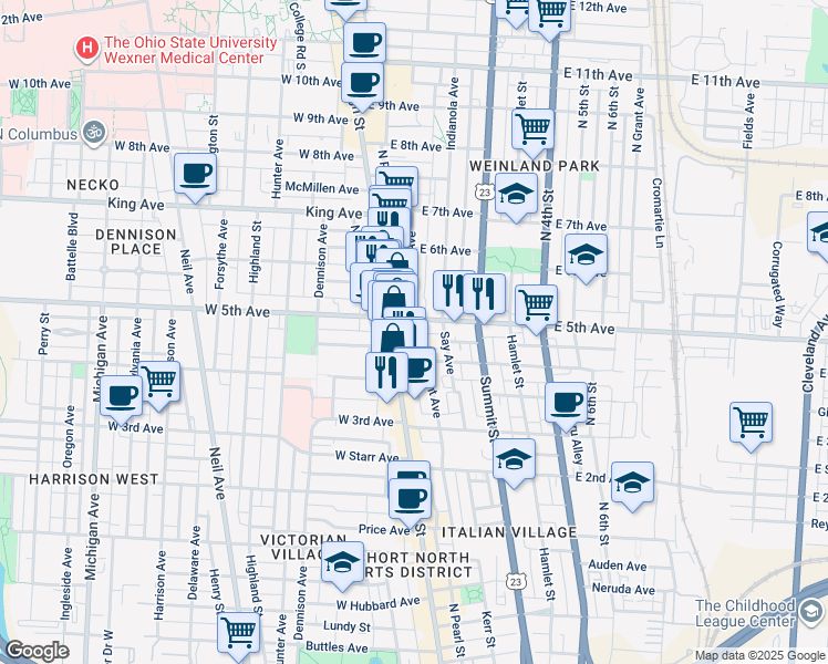 map of restaurants, bars, coffee shops, grocery stores, and more near 51 East 5th Avenue in Columbus