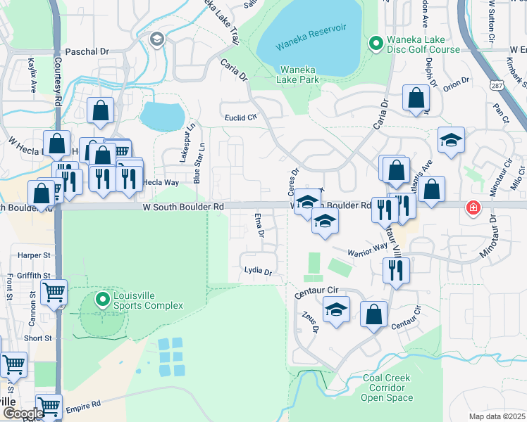 map of restaurants, bars, coffee shops, grocery stores, and more near 1900 West South Boulder Road in Lafayette