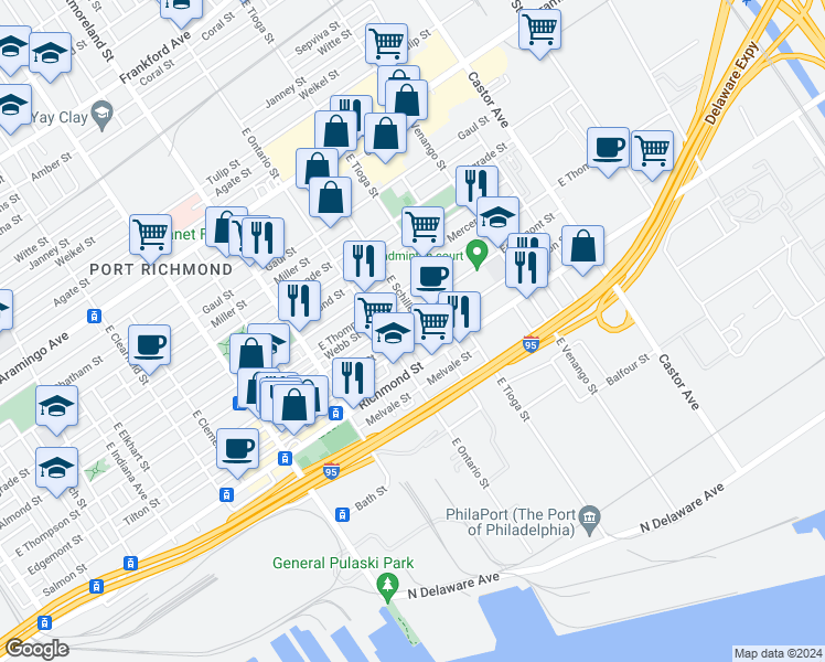 map of restaurants, bars, coffee shops, grocery stores, and more near 3435 Tilton Street in Philadelphia