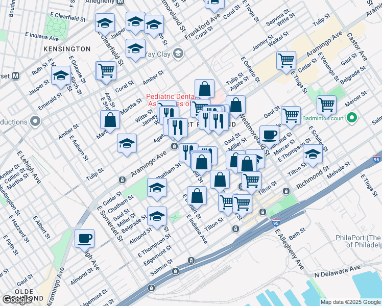map of restaurants, bars, coffee shops, grocery stores, and more near 3116 Chatham Street in Philadelphia