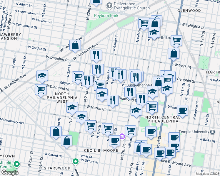 map of restaurants, bars, coffee shops, grocery stores, and more near 2134 North 19th Street in Philadelphia