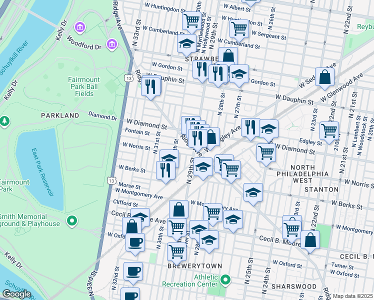 map of restaurants, bars, coffee shops, grocery stores, and more near 2910 Page Street in Philadelphia