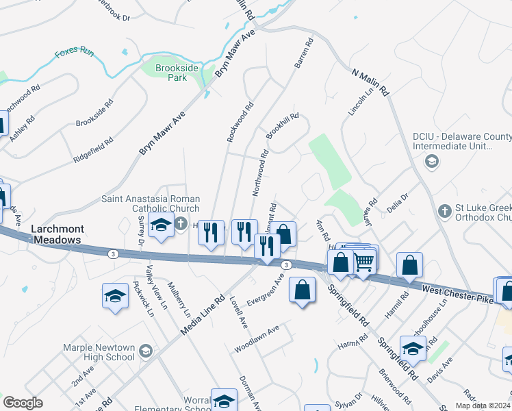 map of restaurants, bars, coffee shops, grocery stores, and more near 37 Northwood Road in Newtown Square