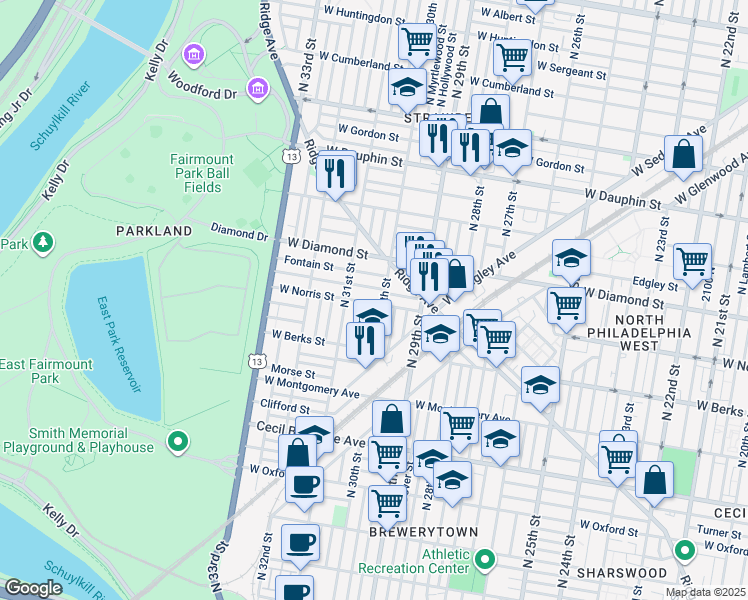 map of restaurants, bars, coffee shops, grocery stores, and more near 3013 West Norris Street in Philadelphia