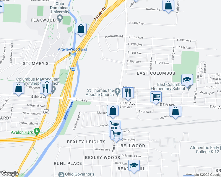 map of restaurants, bars, coffee shops, grocery stores, and more near 2682 East 6th Avenue in Columbus