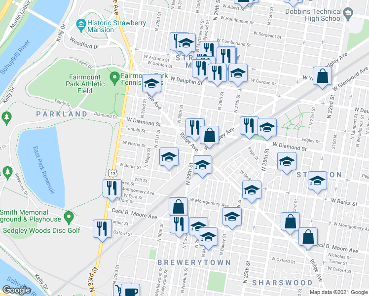 map of restaurants, bars, coffee shops, grocery stores, and more near 2918 Page Street in Philadelphia