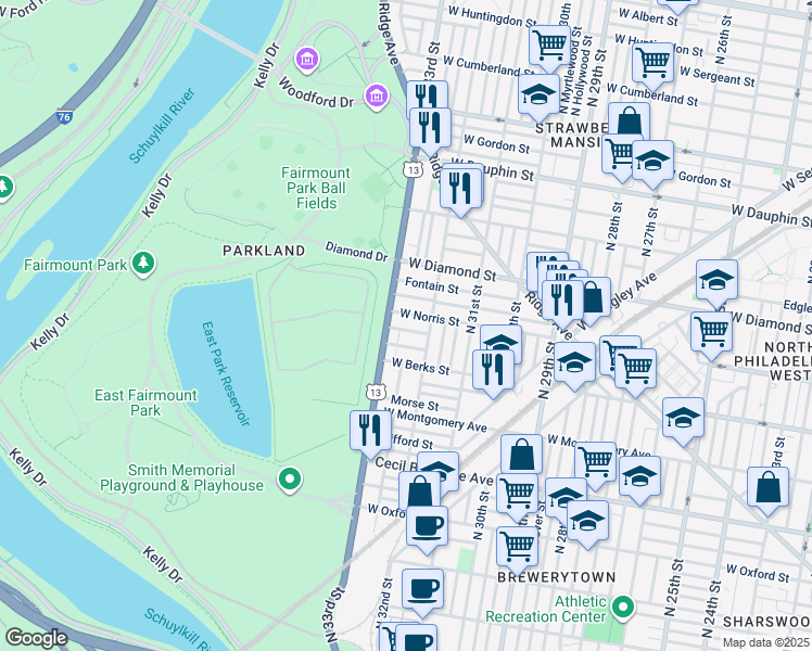 map of restaurants, bars, coffee shops, grocery stores, and more near 3229 Arlington Street in Philadelphia