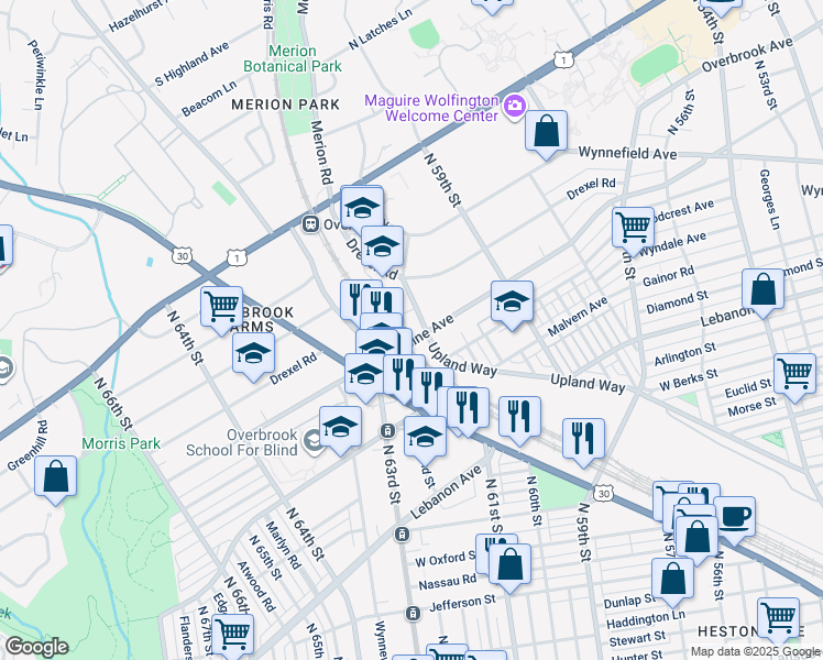 map of restaurants, bars, coffee shops, grocery stores, and more near 6003 Woodbine Avenue in Philadelphia