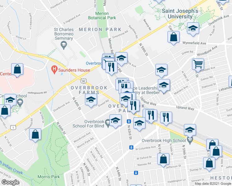 map of restaurants, bars, coffee shops, grocery stores, and more near 2054 North 63rd Street in Philadelphia