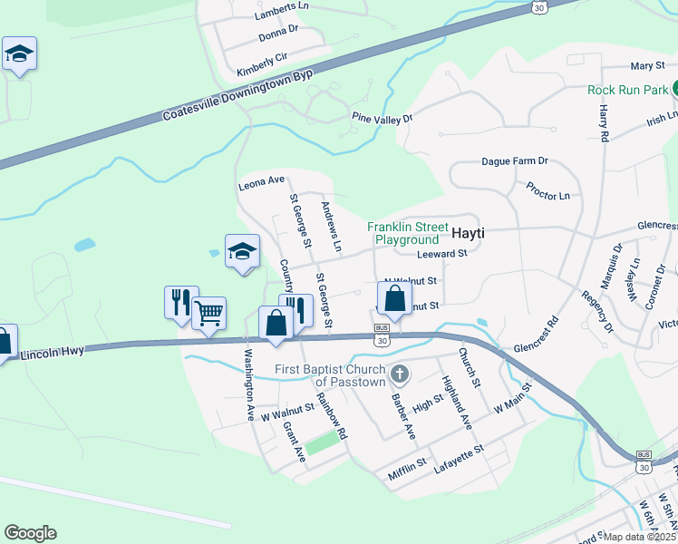 map of restaurants, bars, coffee shops, grocery stores, and more near 73 Saint George Street in Coatesville