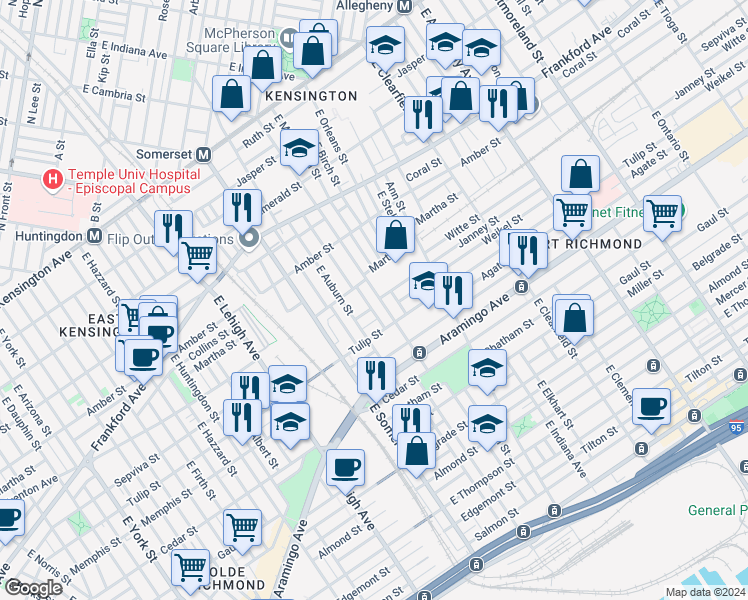 map of restaurants, bars, coffee shops, grocery stores, and more near 2228 East Cambria Street in Philadelphia