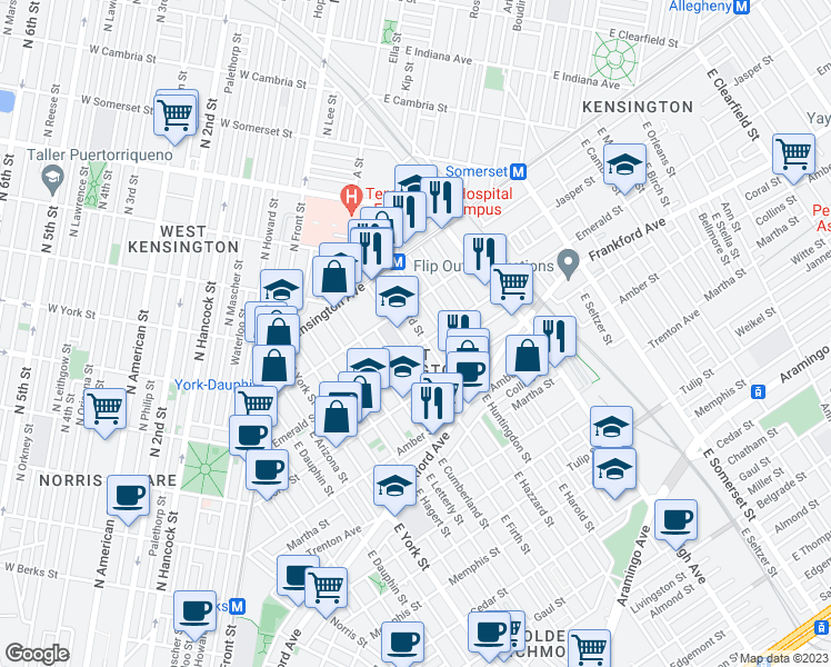 map of restaurants, bars, coffee shops, grocery stores, and more near 1934 East Hazzard Street in Philadelphia