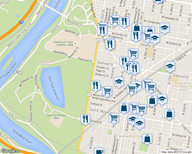 map of restaurants, bars, coffee shops, grocery stores, and more near 3233 Arlington Street in Philadelphia