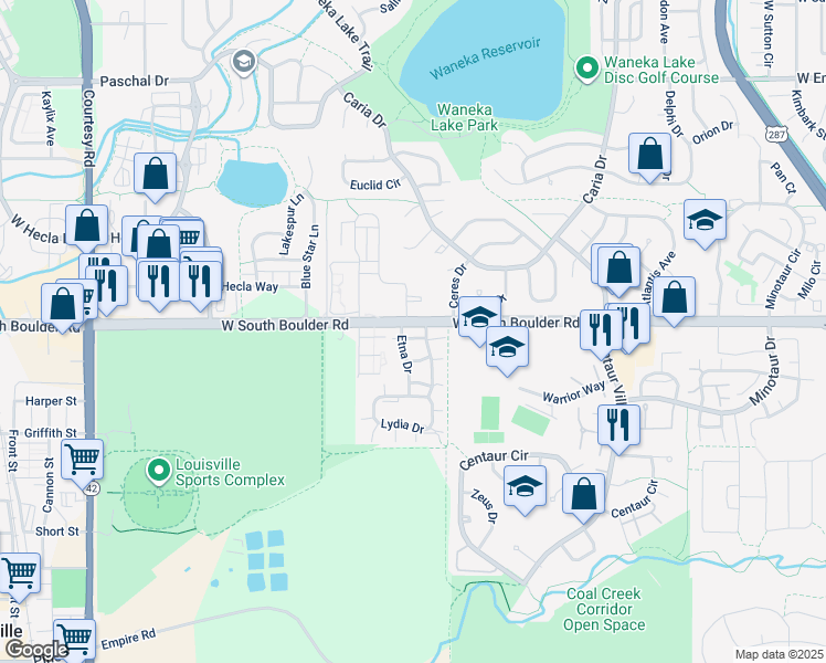 map of restaurants, bars, coffee shops, grocery stores, and more near 1900 West South Boulder Road in Lafayette
