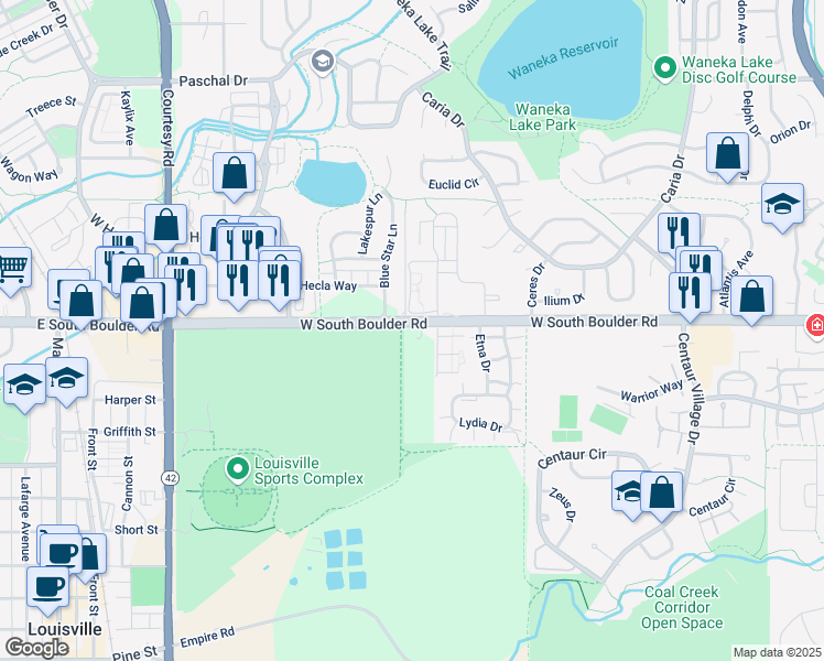 map of restaurants, bars, coffee shops, grocery stores, and more near 1700 West South Boulder Road in Louisville