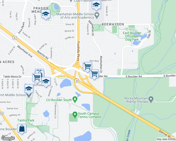 map of restaurants, bars, coffee shops, grocery stores, and more near 50 South Boulder Circle in Boulder