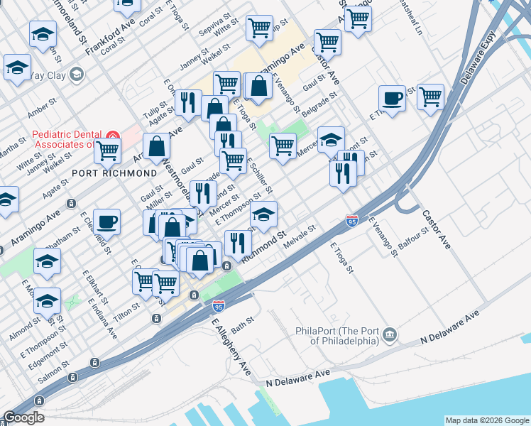 map of restaurants, bars, coffee shops, grocery stores, and more near 3412 Edgemont Street in Philadelphia