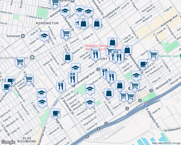 map of restaurants, bars, coffee shops, grocery stores, and more near 3038 Memphis Street in Philadelphia