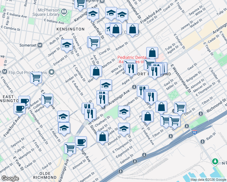 map of restaurants, bars, coffee shops, grocery stores, and more near 2978 Tulip Street in Philadelphia