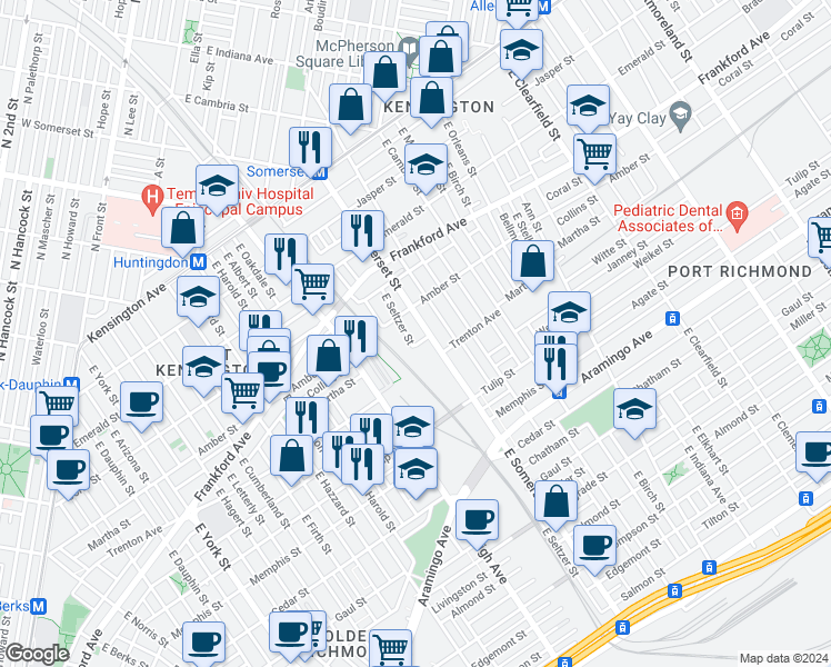 map of restaurants, bars, coffee shops, grocery stores, and more near 2127 East Somerset Street in Philadelphia