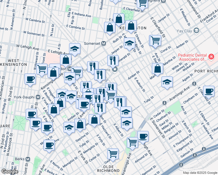 map of restaurants, bars, coffee shops, grocery stores, and more near 2037 East Lehigh Avenue in Philadelphia