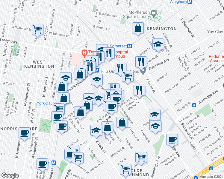 map of restaurants, bars, coffee shops, grocery stores, and more near 2633 Emerald Street in Philadelphia