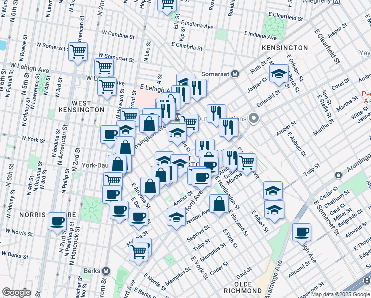 map of restaurants, bars, coffee shops, grocery stores, and more near 1934 East Hazzard Street in Philadelphia