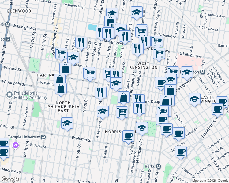 map of restaurants, bars, coffee shops, grocery stores, and more near 2358 North 4th Street in Philadelphia