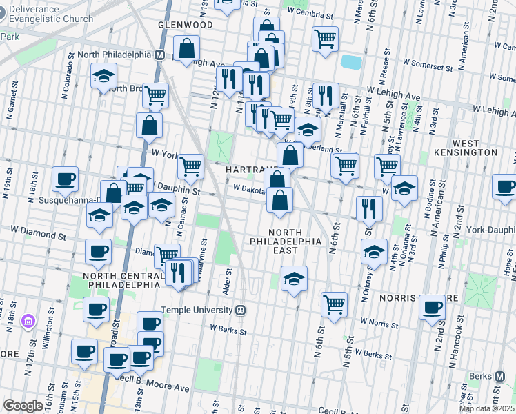 map of restaurants, bars, coffee shops, grocery stores, and more near 935 West Dauphin Street in Philadelphia
