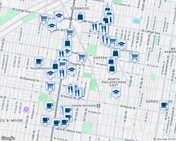 map of restaurants, bars, coffee shops, grocery stores, and more near 1127 West Nevada Street in Philadelphia