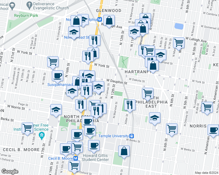 map of restaurants, bars, coffee shops, grocery stores, and more near 2247 North Camac Street in Philadelphia