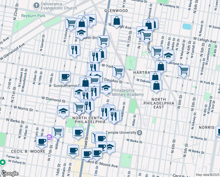 map of restaurants, bars, coffee shops, grocery stores, and more near 2239 North Park Avenue in Philadelphia