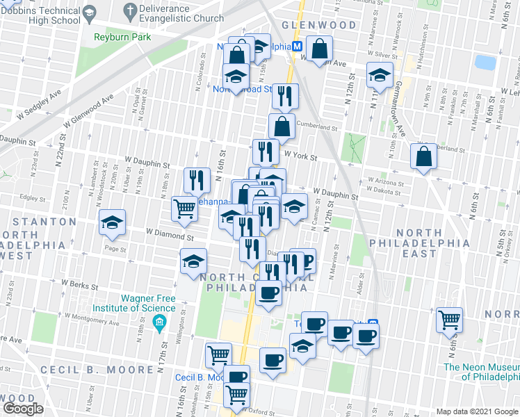 map of restaurants, bars, coffee shops, grocery stores, and more near in Philadelphia