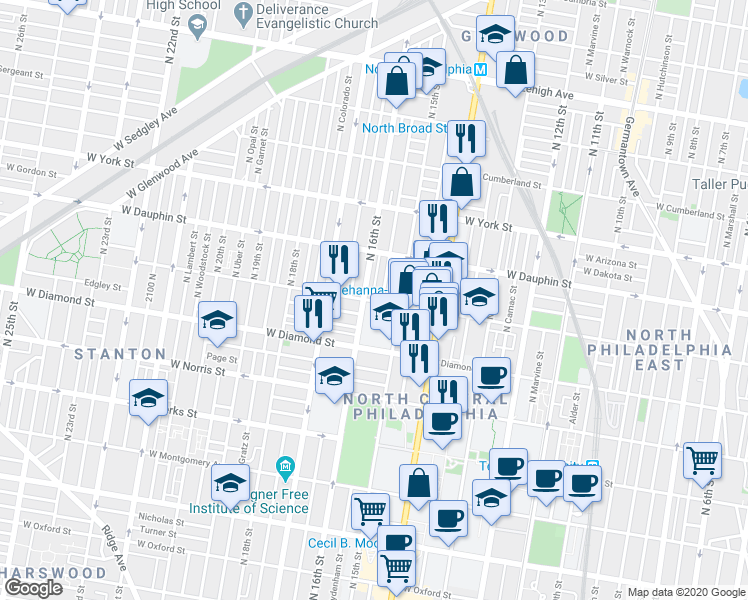 map of restaurants, bars, coffee shops, grocery stores, and more near 2215 North Mole Street in Philadelphia