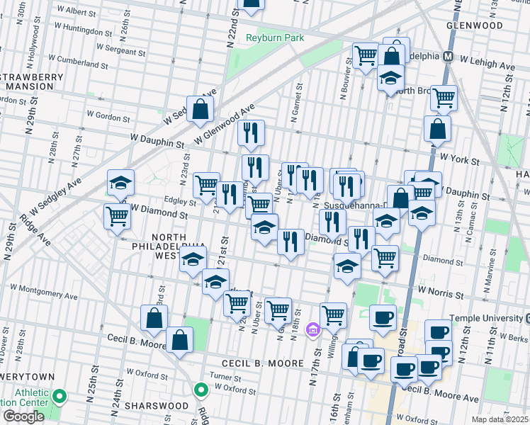 map of restaurants, bars, coffee shops, grocery stores, and more near 2139 North Uber Street in Philadelphia