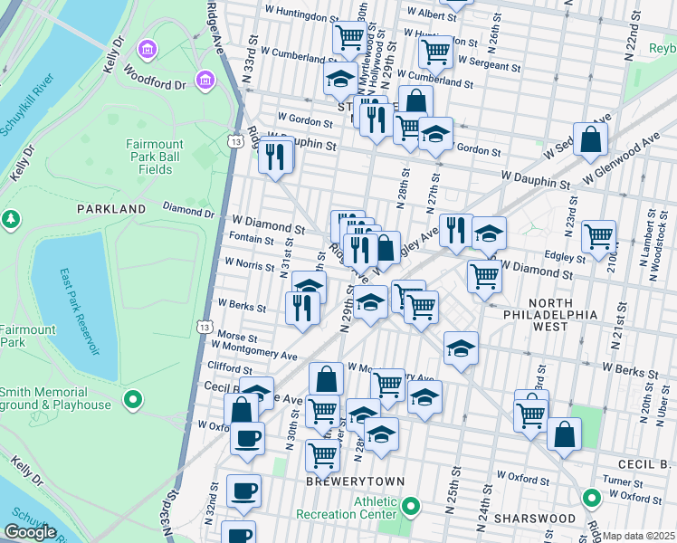 map of restaurants, bars, coffee shops, grocery stores, and more near 2920 Ridge Avenue in Philadelphia
