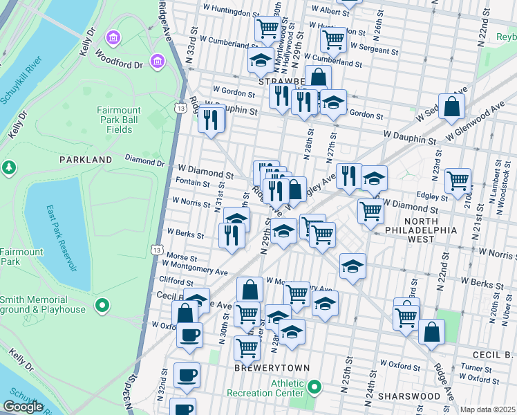 map of restaurants, bars, coffee shops, grocery stores, and more near 2918 Page Street in Philadelphia