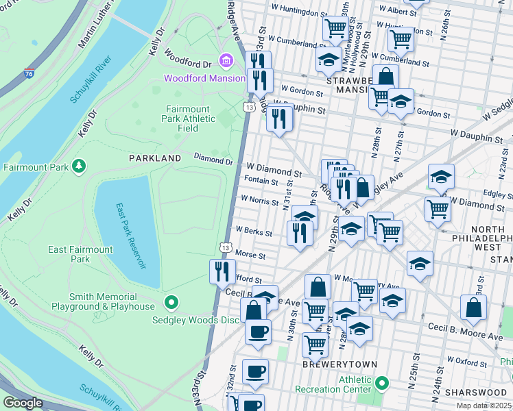 map of restaurants, bars, coffee shops, grocery stores, and more near in Philadelphia