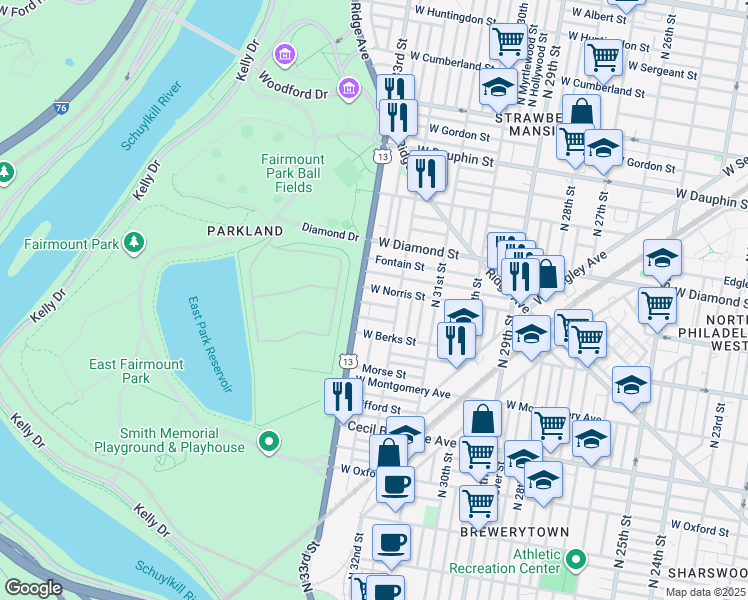 map of restaurants, bars, coffee shops, grocery stores, and more near 3233 Arlington Street in Philadelphia