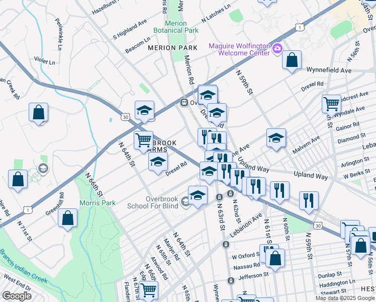 map of restaurants, bars, coffee shops, grocery stores, and more near 6300 Sherwood Road in Philadelphia