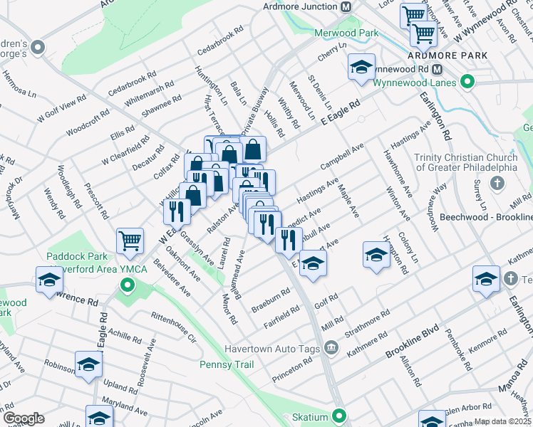 map of restaurants, bars, coffee shops, grocery stores, and more near 2229 East Darby Road in Havertown