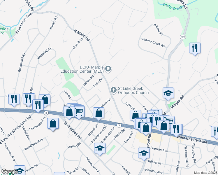 map of restaurants, bars, coffee shops, grocery stores, and more near 59-61 North Malin Road in Broomall