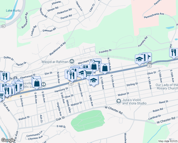 map of restaurants, bars, coffee shops, grocery stores, and more near 98 North 9th Avenue in Coatesville