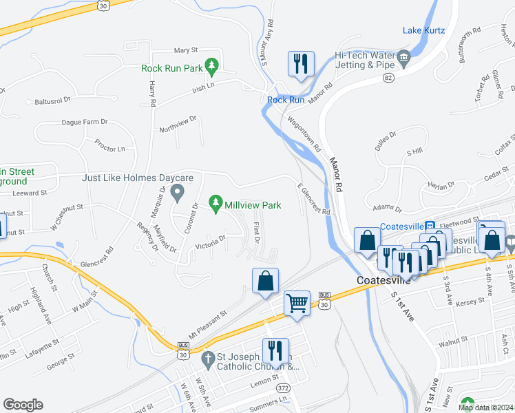 map of restaurants, bars, coffee shops, grocery stores, and more near 1701 Saginaw Drive in Coatesville