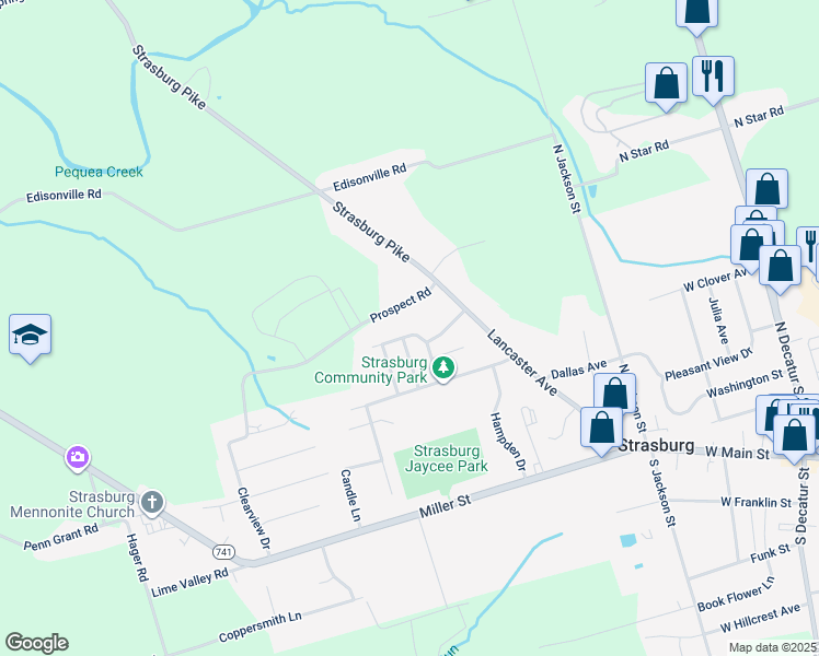 map of restaurants, bars, coffee shops, grocery stores, and more near 240 Cross Keys Drive in Strasburg
