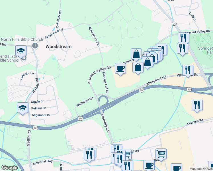 map of restaurants, bars, coffee shops, grocery stores, and more near 1433 Memory Ln Exd in York