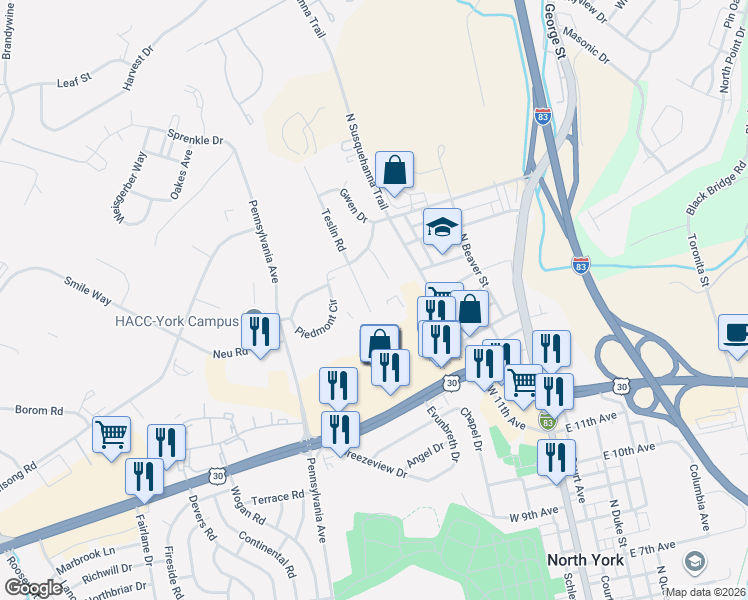 map of restaurants, bars, coffee shops, grocery stores, and more near 2020 Sandalwood Court in York