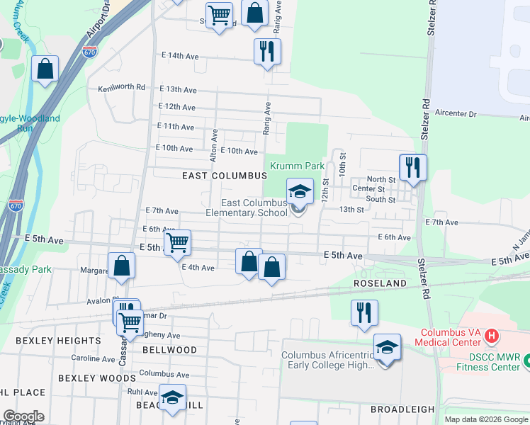 map of restaurants, bars, coffee shops, grocery stores, and more near 3033 East 8th Avenue in Columbus