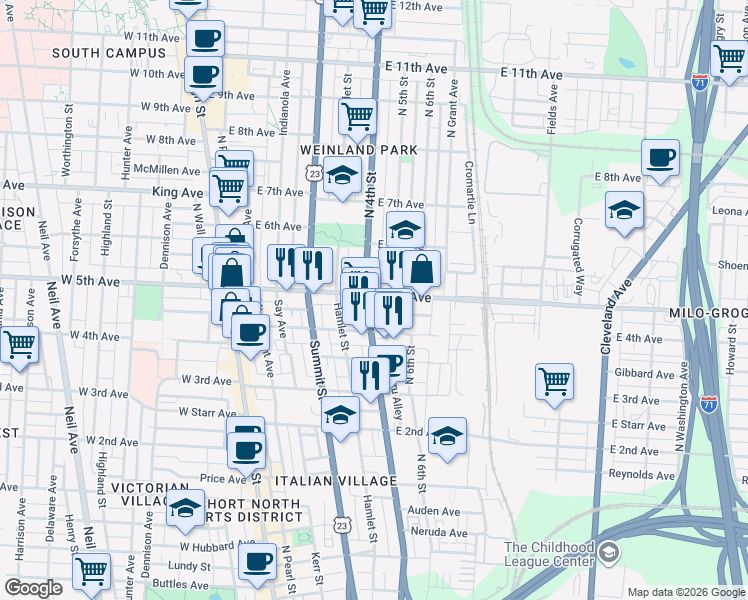 map of restaurants, bars, coffee shops, grocery stores, and more near 1186-1190 East 4th Avenue in Columbus