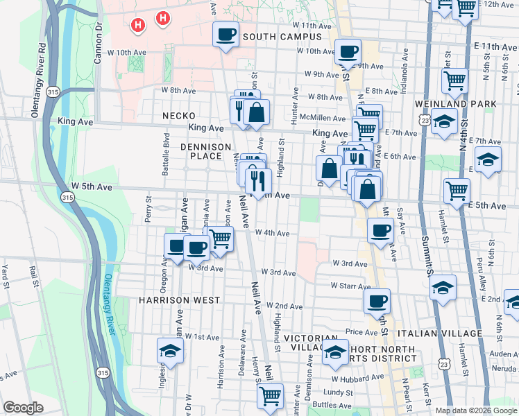 map of restaurants, bars, coffee shops, grocery stores, and more near 1237 Sunside Alley in Columbus